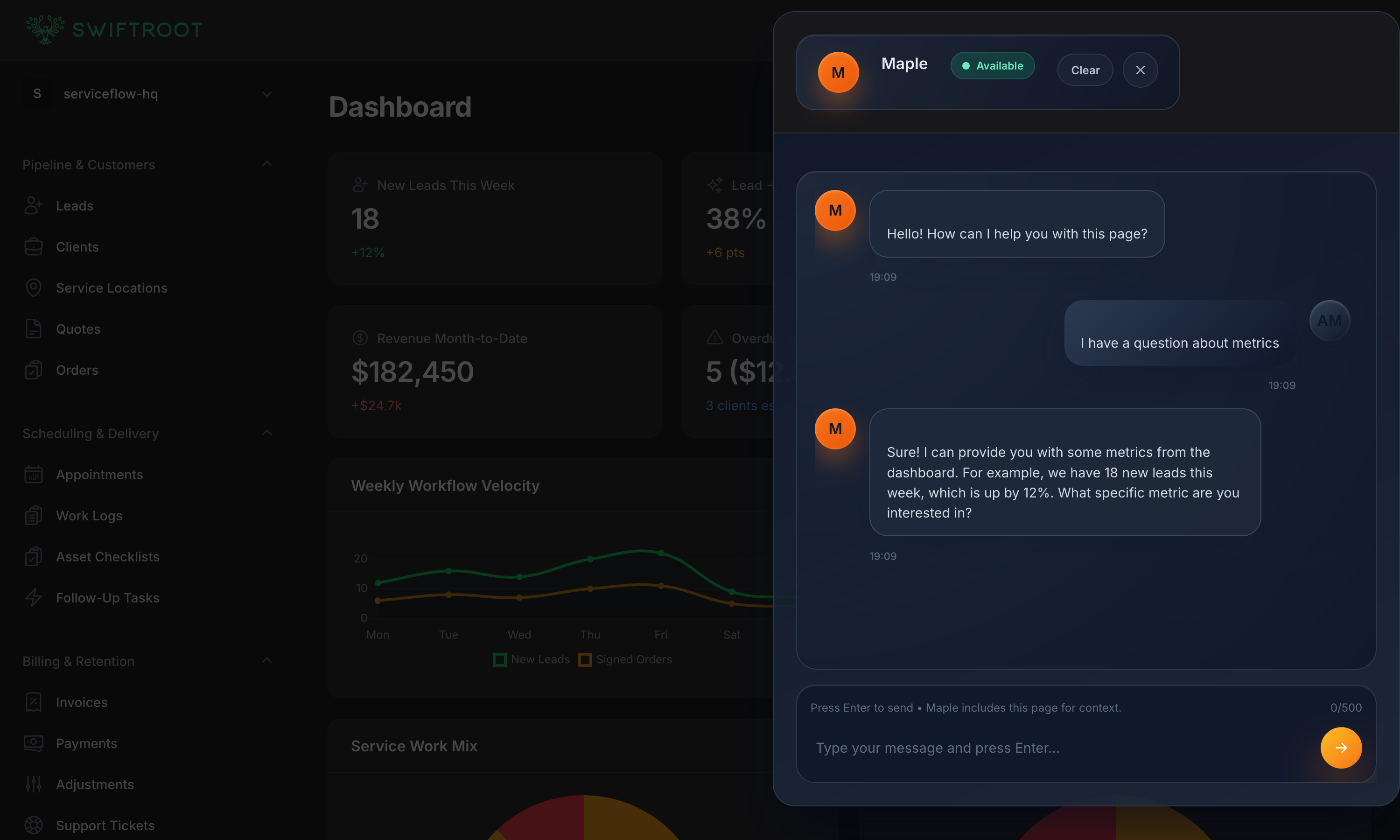 SwiftRoot AI assisted service dashboard preview