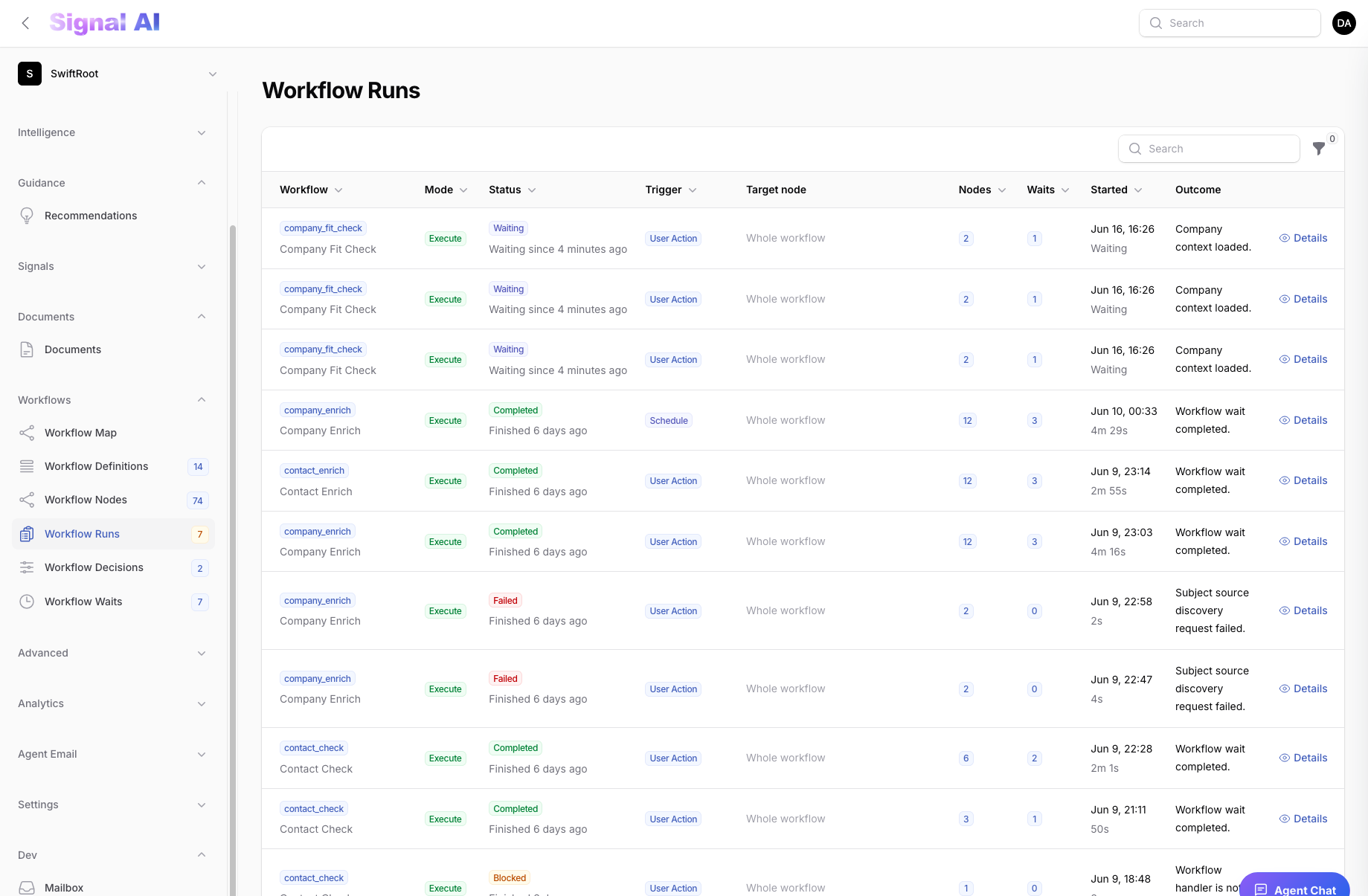Light workflow runs table showing status, waits, triggers, and outcomes