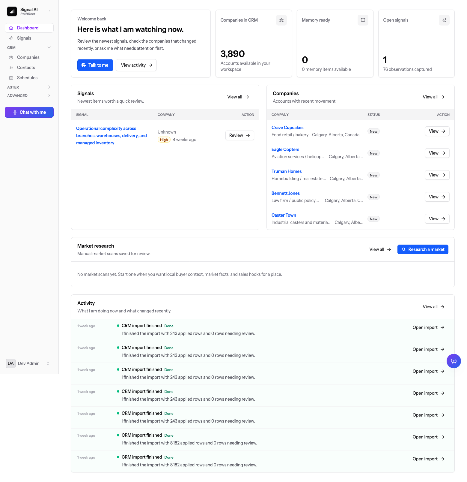 Light Scout dashboard showing signals, companies, market research, and recent activity
